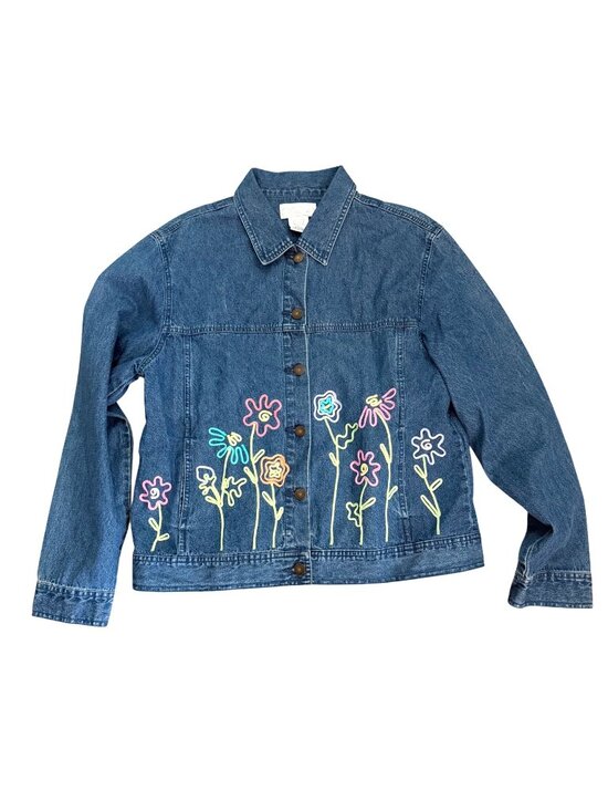 Mandal Bay Jackets & Blazers - Mandal Bay Floral Denim Jacket L Womens VTG Embroidery Button Front Blue Cotton